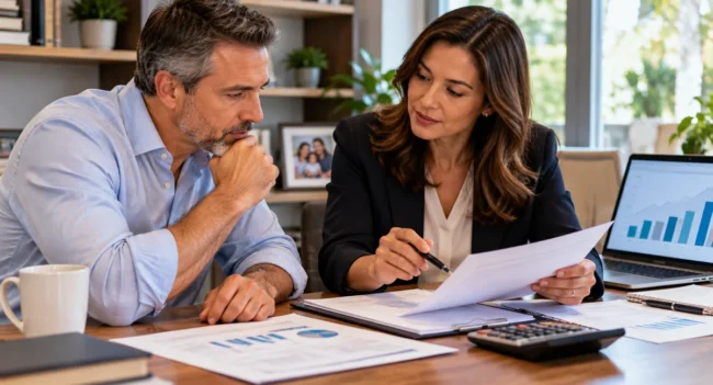 Beneficiary reviewing inherited IRA distribution rules and retirement account documents with a financial educator