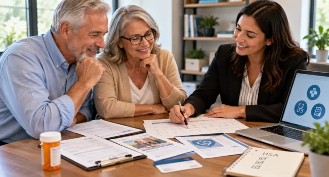 Retiring couple reviewing Medicare enrollment dates, HSA timing, and healthcare paperwork with an educator