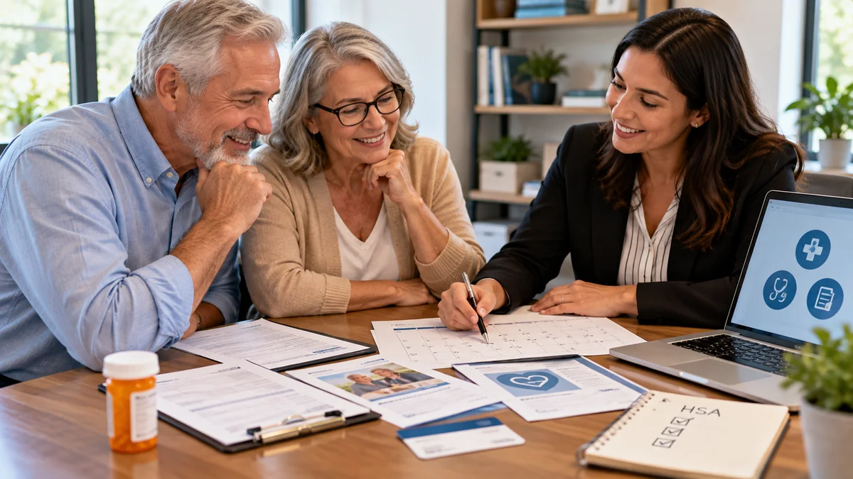 Retiring couple reviewing Medicare enrollment dates, HSA timing, and healthcare paperwork with an educator