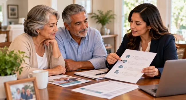 Older couple reviewing long-term care housing health and financial planning options with an advisor