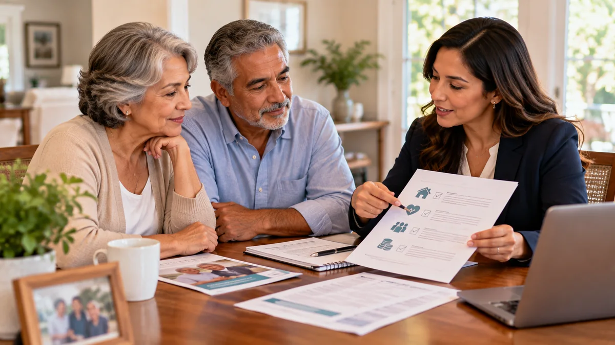 Older couple reviewing long-term care housing health and financial planning options with an advisor