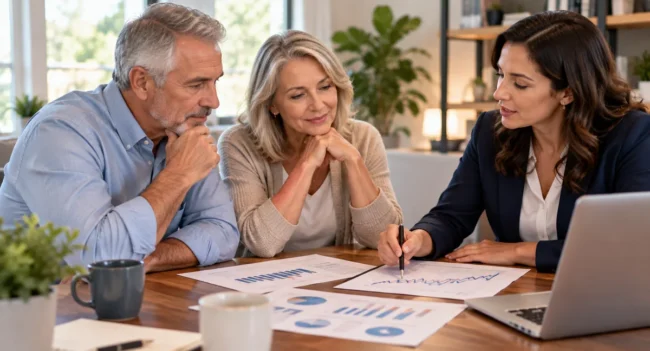 Retired couple reviewing retirement withdrawal charts and market scenarios with a financial educator