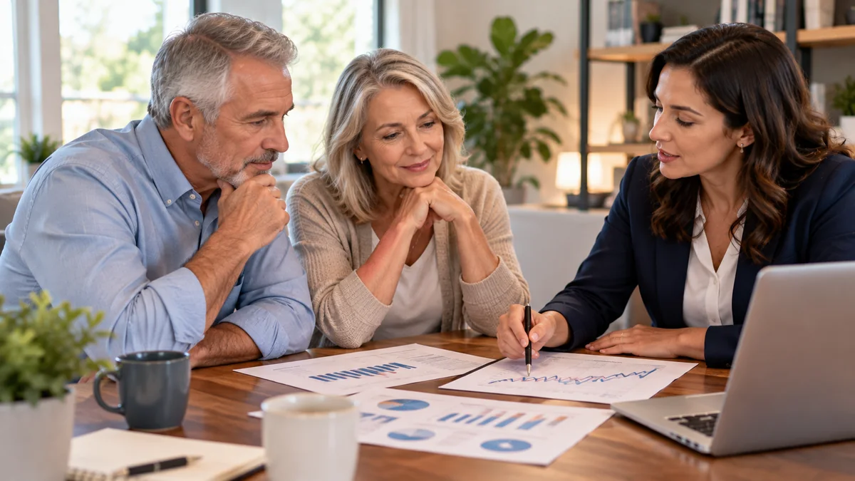 Retired couple reviewing retirement withdrawal charts and market scenarios with a financial educator